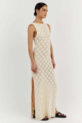 Hollow Out Boat Neck Sleeveless Knitted Bodycon High Slit Cover Up White Maxi Dresses